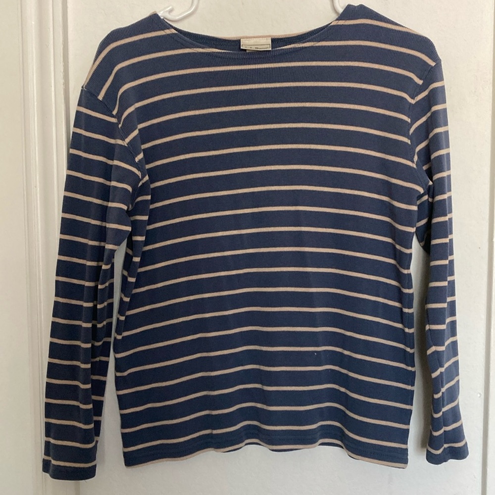L.L. Bean long sleeve shirt blue and khaki stripes size small 100% cotton